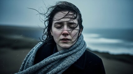 Sad Young Woman Crying In Wind On Cold Overcast Coastline