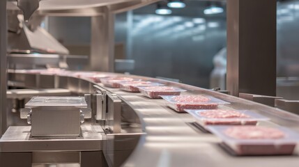 A conveyor belt with meat on it
