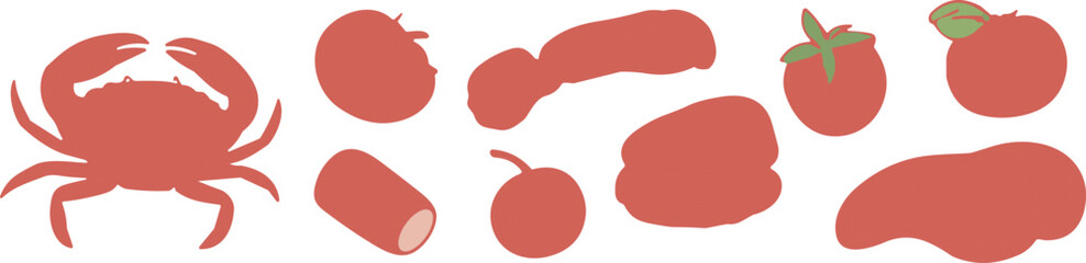 Red food silhouette, crab, tomato, cherry, sausage, plum, pepper, liver, healthy diet, flat vector illustration