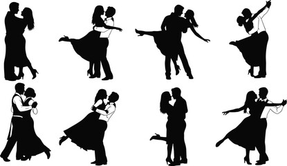 Romantic dance couple silhouettes, elegant poses and movements, black icon set for love, performance, and celebration, flat vector illustration