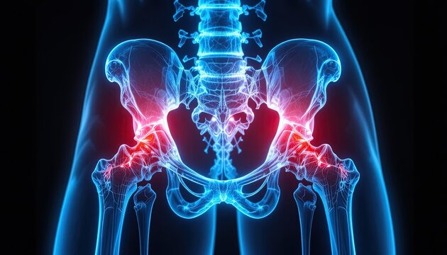 Human Hip Bone Anatomy with Pain Indication in Red, Medical Visualization, 3D Rendering