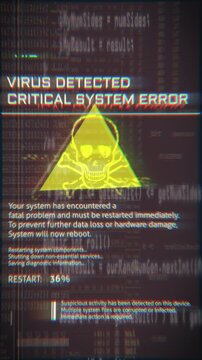 Vertical digital warning screen showing virus detection alert, critical system error message and skull symbol, illustrating cybersecurity threats, malware attacks and system failure