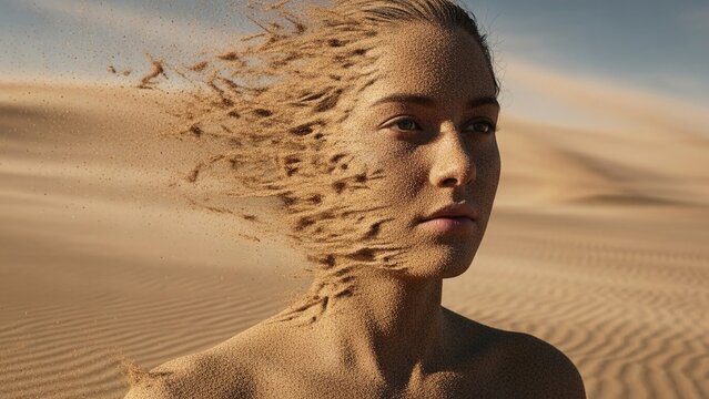 Woman face dissolving into sand particles in desert