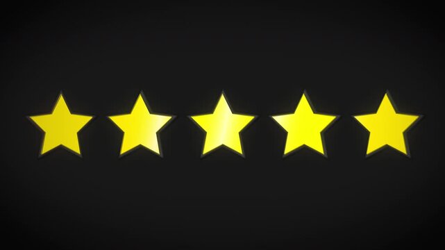 Five glowing yellow stars aligned on a dark background symbolizing customer satisfaction, online reviews and rating systems, ideal for ecommerce, feedback platforms and trust indicators.