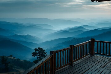 Fototapeta premium View from a wooden deck with railing, overlooking a vast mountain range covered in morning mist, layers of blue mountains fading into distance.