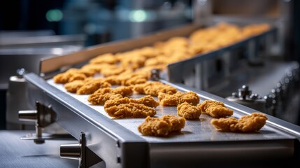 A conveyor belt with chicken nuggets on it