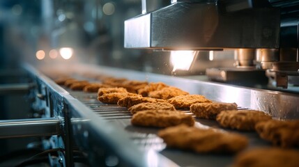 A conveyor belt is filled with chicken nuggets