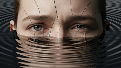 Surreal image of a crying woman face emerging from dark rippling water