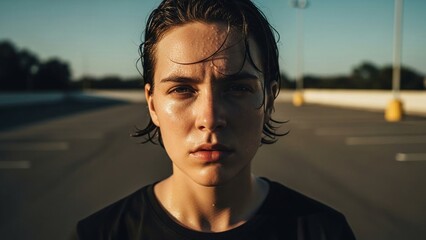 Portrait of a determined sweaty female athlete after an intense workout in an outdoor parking lot