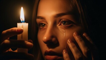 Young woman crying while holding a burning candle in the dark for remembrance and mourning