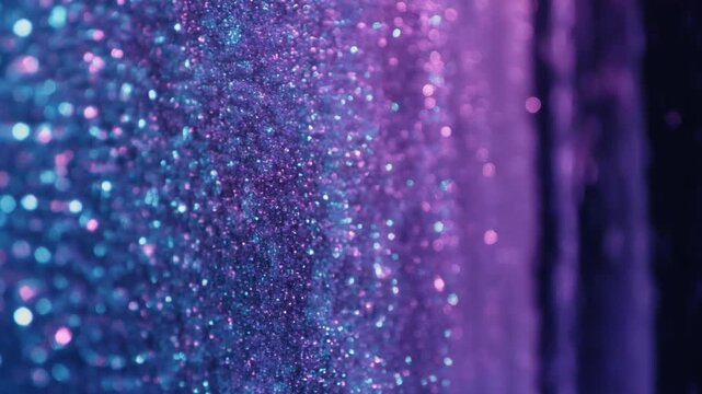 A vibrant purple and cyan macro shot of shimmering glitter texture, creating a festive bokeh effect against a dark abstract background, perfect for a snowflake png overlay.