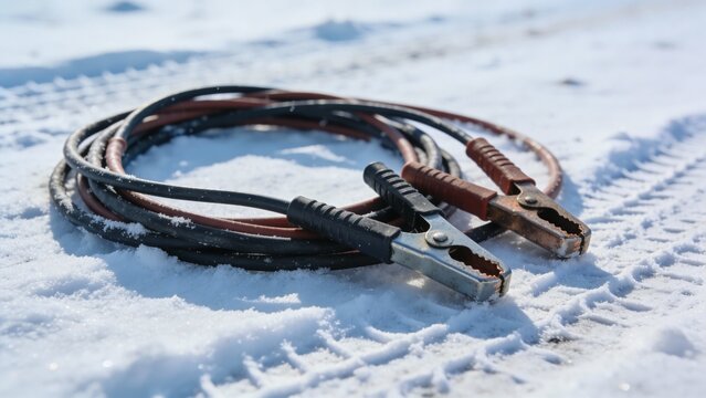 Winter car maintenance with jump starter cables placed on snowy ground during daylight for emergency use