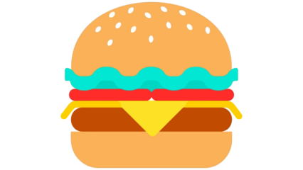 Stylized flat icon of a classic cheeseburger with sesame seeds on bun