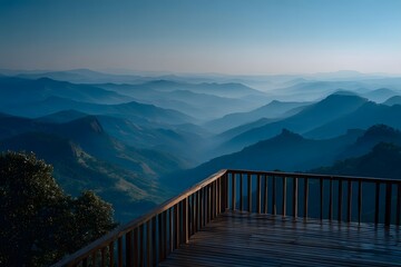 View from a wooden deck with railing, overlooking a vast mountain range covered in morning mist, layers of blue mountains fading into distance.
