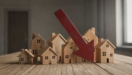 Large red arrow pointing downwards across group of small wooden house models representing real estate market crash and economic property downturn