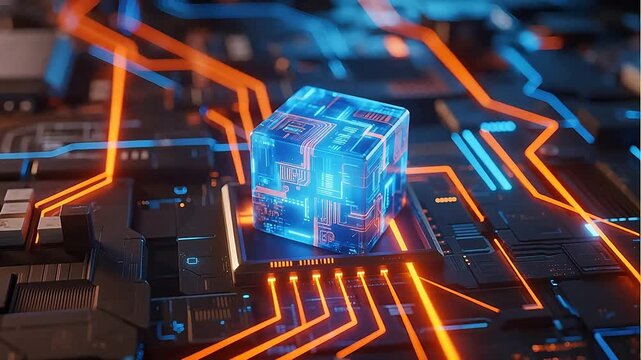 Futuristic circuit board with glowing cube