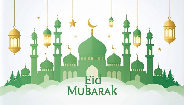 Eid Mubarak greeting with green mosque and lanterns