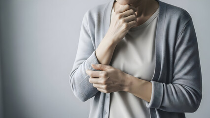 Woman with hand covering mouth expressing worry or sadness isolated on a soft grey background conveying emotion and distress