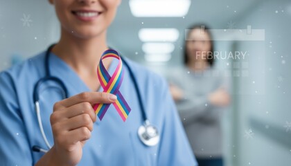 Nurse holds colorful ribbon for Rare Disease Day awareness in hospital corridor during February to support patients and medical research initiatives