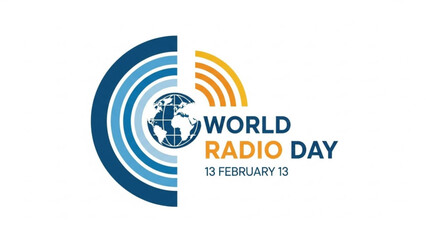 World radio day logo with globe and sound waves on white background for february 13th celebration with communication and broadcasting and media
