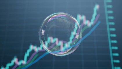 Transparent soap bubble floating in front of glowing financial stock market candlestick chart representing economic bubble and market volatility risk