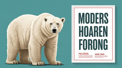 A polar bear standing next to a sign with scandinavian text on a teal background with wildlife and nature and conservation and ecology and environment