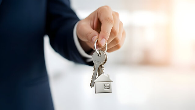 Hand holding house keys with a miniature house charm symbolizing home ownership and real estate perfect for property sales and rental concepts