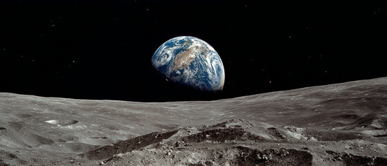 Fototapeta premium The Earth is seen from the surface of the moon's horizon
