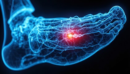 Foot Pain Anatomy X-ray Style Illustration - Red Hotspot Indicating Inflammation or Injury on Dark Background