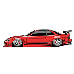 Fototapeta premium Red Modified Sports Car Side View Illustration - Performance Racing Vehicle with Wide Body Kit and Large Spoiler Isolated on White, Tuned.