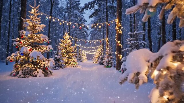 Enchanted winter forest illuminated by festive string lights and snow covered trees