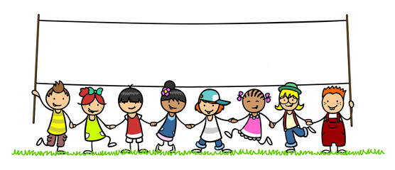 Gruppe Cartoon Kita Kinder halten leeres Banner im Sommer