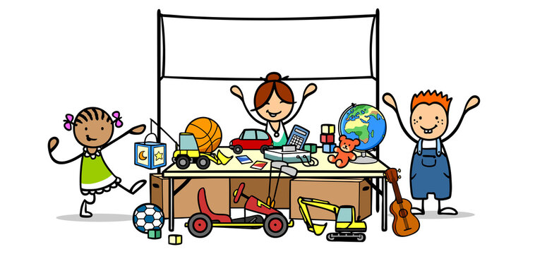 Cartoon Kinder verkaufen Spielzug auf Flohmarkt in Kita oder Schule
