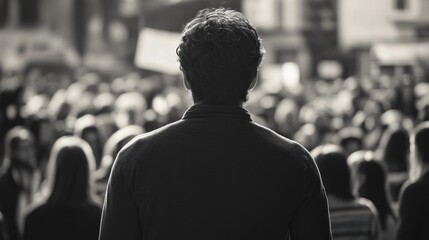 A man standing with his back to the camera in front of a crowd, highlighting the theme of communication amidst social challenges.