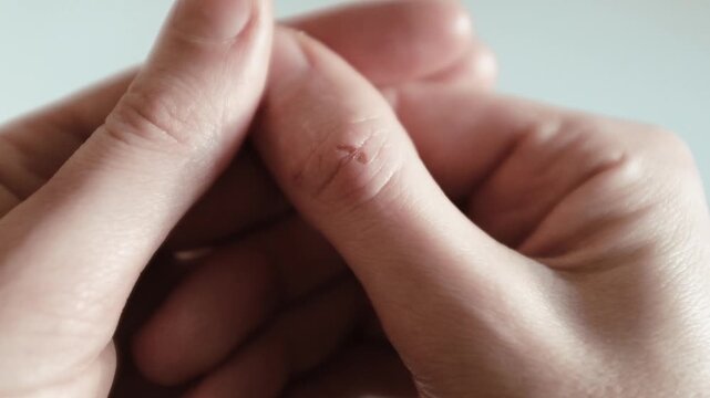 Detailed closeup of a fresh cut on woman's hand showing raw skin tissue without bleeding. Slight trauma after incident. Fresh cut showing raw tissue. 