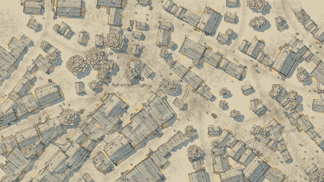 Top-down map illustration of a ruined village with scattered wooden buildings and trees