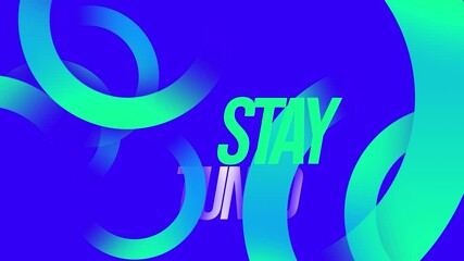 A vibrant graphic design with the phrase 'stay tuned' in bold, neon green letters against a dynamic blue and green abstract background with swirling shapes and streaming live elements.