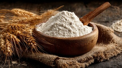Rustic wooden bowl filled with fresh white flour, surrounded by golden wheat ears on a textured burlap cloth, showcasing traditional baking ingredients in a moody, artisanal setting