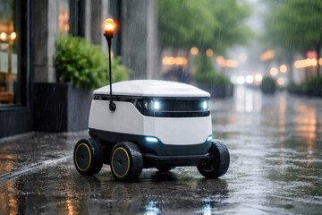 Modern automated delivery robot stands outside waiting for an order in rainy weather. Modern concept of delivering goods to the customer.