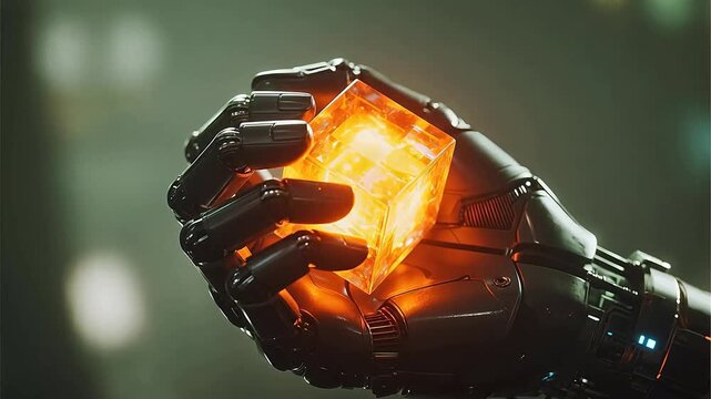 Robot hand holding glowing cube