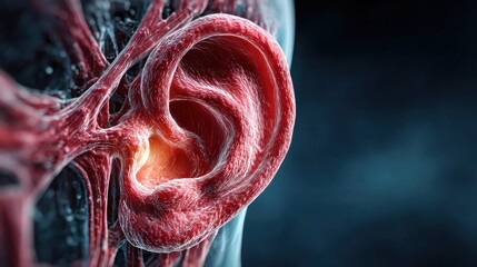 Detailed anatomical rendering of a human ear, showing cartilage, blood vessels, and structure