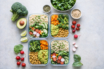 Healthy Plant-Based Meal Prep Containers Flat Lay