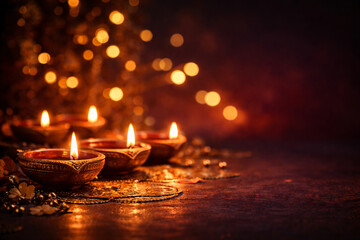 Diwali Diyas with Warm Glow and Bokeh Lights