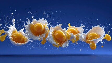 Dynamic capture of eggs cracking mid-air with yolks and whites splashing against blue