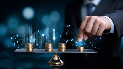 A man is holding up a scale with four gold coins on it