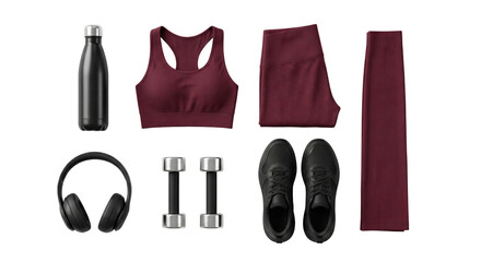 Fitness Set: Burgundy Athleisure Outfit, Dumbbells, Headphones, Water Bottle, Sneakers