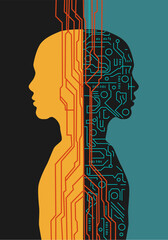 Split composition poster emotions versus artificial intelligence, organic warm side with human silhouette, cold digital side with AI circuits, contrast aesthetic abstract minimal surrealism