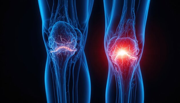 Knee Pain Illustration: 3D Render of Knee Joints with Inflammation, Blue and Red Tones