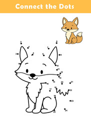 Dot to Dot Worksheet for Kids. Connect the dots to draw a cute fox. Illustration of fox. Coloring page.	