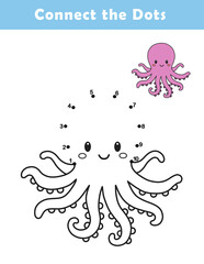 Dot to Dot Worksheet for Kids. Connect the dots to draw a cute octopus. Illustration of octopus. Coloring page.	